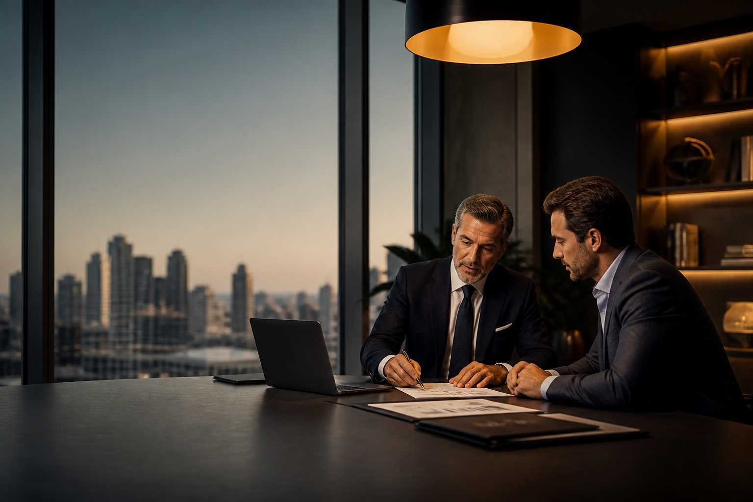 Senior financial adviser presenting strategy to client in premium office setting