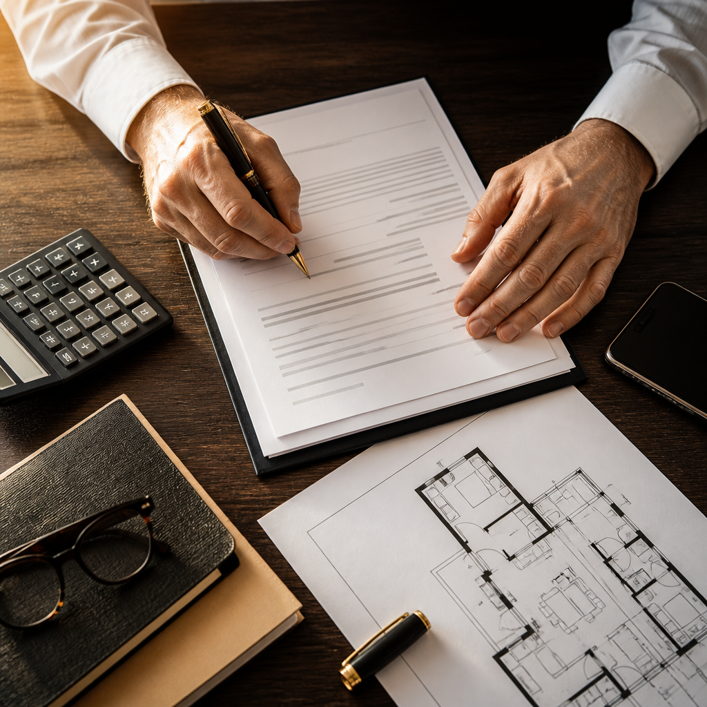Mortgage broker reviewing loan application documents at desk